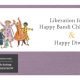 Text: Liberation for All - Happy Bandi Chhor Divas! & Happy Diwali! Image shows a group of young children exhaling with arms raised in celebration.