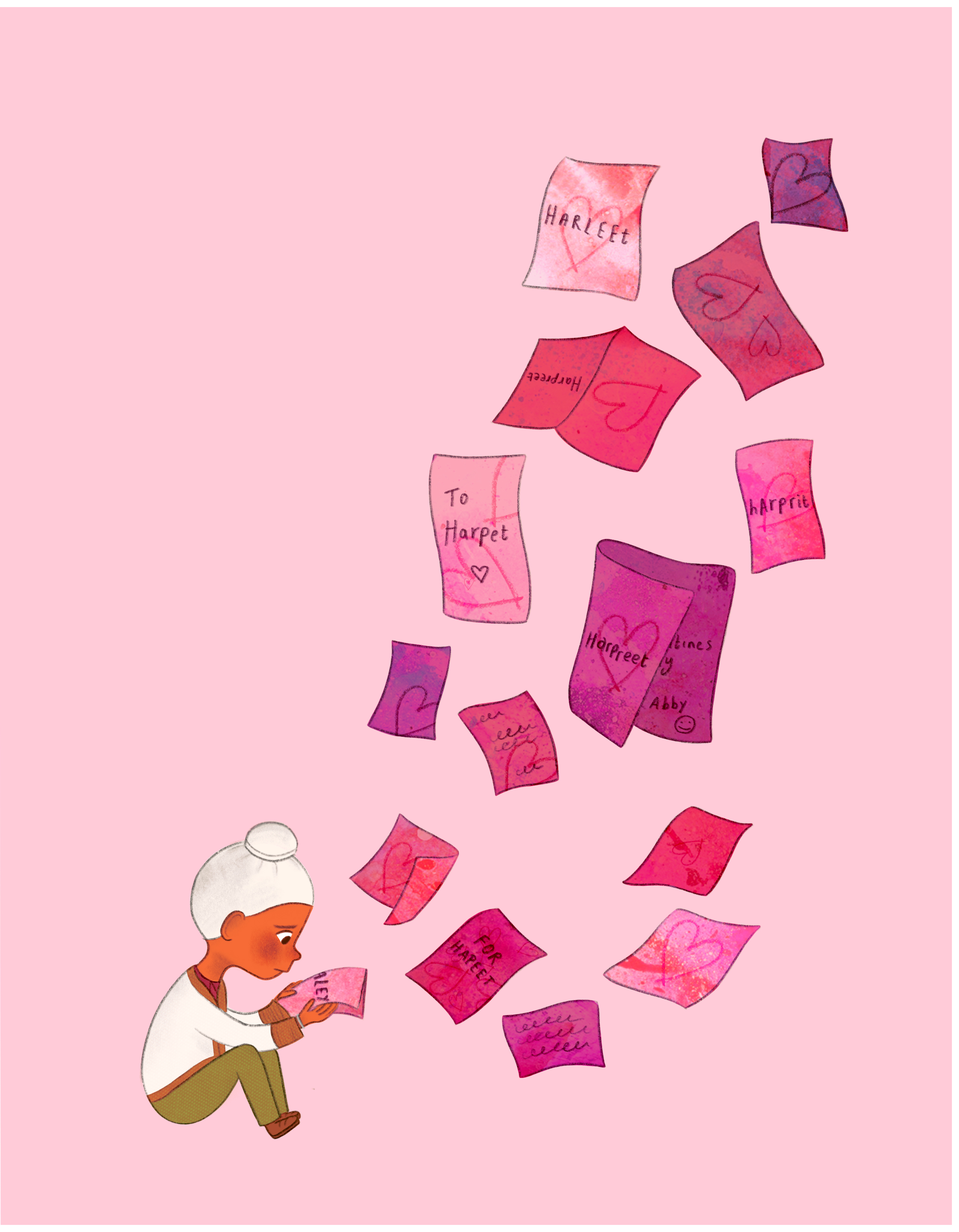Image shows Harpreet sat on the floor wearing a white patka and a number of folded papers falling like leaves. Each piece has his name written in different spelling orders. Background is all pink.