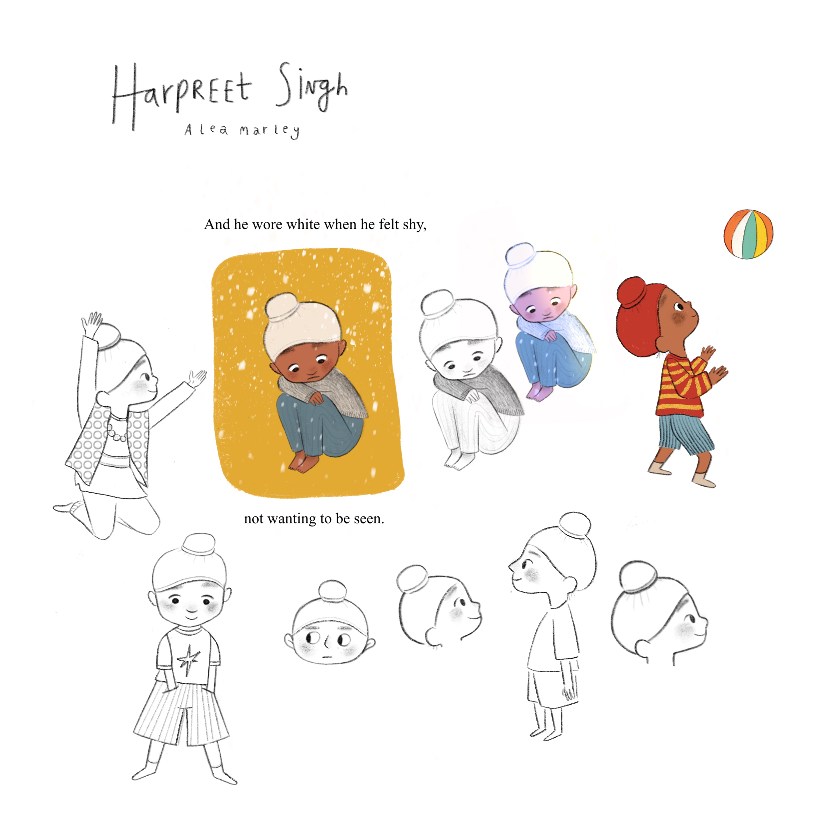 Image shows initial sketches of Harpreet and the patka (small head covering worn by members of the Sikh faith).