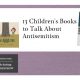 Image shows a purple frame which includes 3 book cover images and the title reads 13 Children's Books to Talk About Antisemitism.