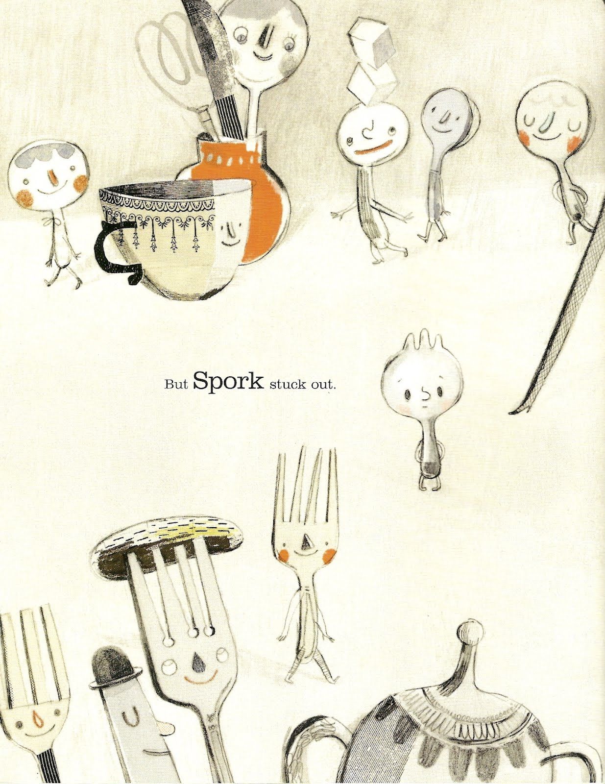 Page from Spork by Kyo Maclear. Text in centre reads: But Spork stuck out. Neutral palette with personified spoons illustrated at the top and personified forks at the bottom. Spork looks confused placed beside the text.