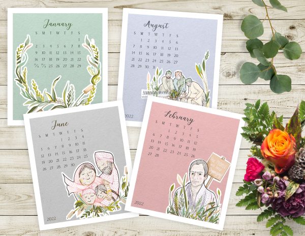 4 calendar cards from our 2022 limited edition calendar. January shows a wreath illustration - all green hues. February has a pink background with an illustration of activist Naudeep Kaur in the bottom right. April is a lilac card with leaves and foliage design. June card has a grey background and an illustration of a Sikh family's embrace in the bottom right. All 4 cards are placed randomly on a neutral background.