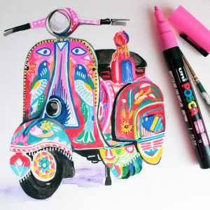 colourful interpretation of a moped bike in vibrant shades of pink, teal and orange. Camel poster colour marker on right with cap off (bright pink).
