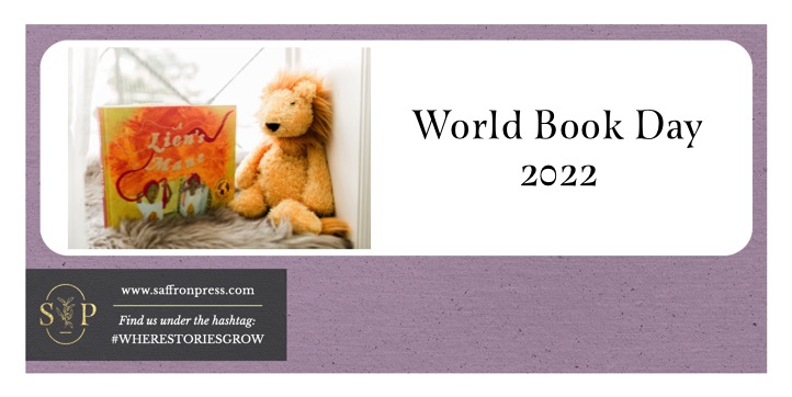 Lilac frame with black tag to the left. Tag has white text which gives website address and hashtag Where Stories Grow. In the white centre, an image to the left shows a photo of the book cover of A Lion's Mane placed standing up next to a lion plush toy on a windowsill.