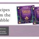 Purple rectangular horizontal frame with white background. Text in black on left reads: Recipes from the Rubble and on the right two images of the deep purple book cover with title embossed in gold.